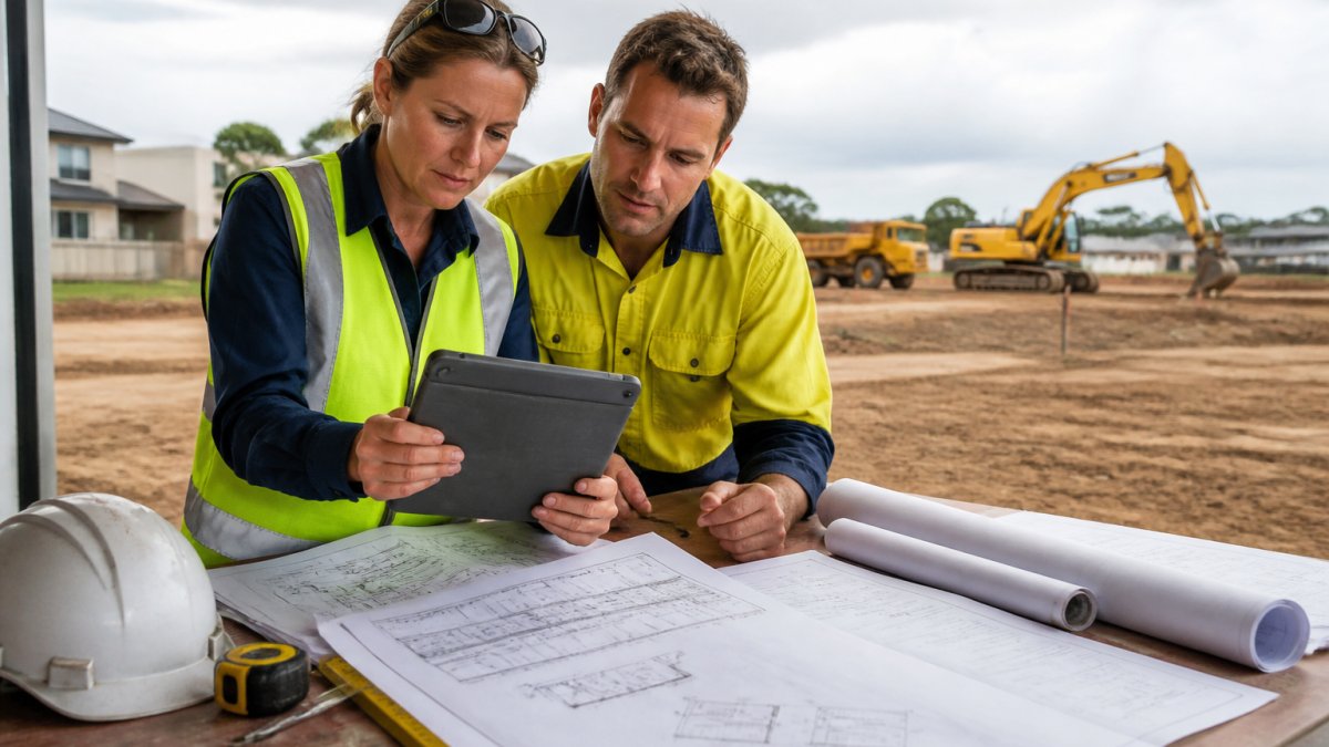 A registered surveyor and civil engineer reviewing subdivision plans and a site map on a tablet at an outdoor site office, with earthmoving equipment visible in the background on a cleared residential block