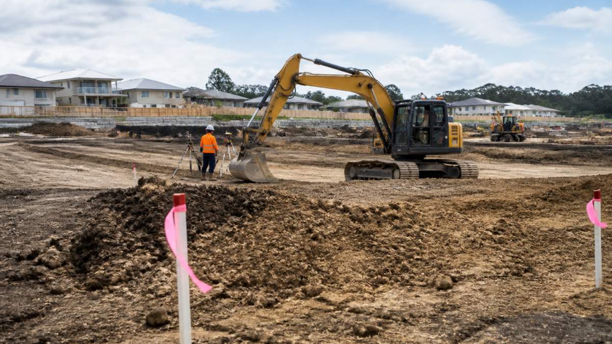 A civil construction site in South East Queensland showing an excavator and workers preparing ground for a residential subdivision, with survey markers visible and a residential area in the background