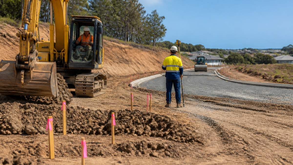 Construction crew operating an excavator during subdivision civil works on a residential site in Brisbane