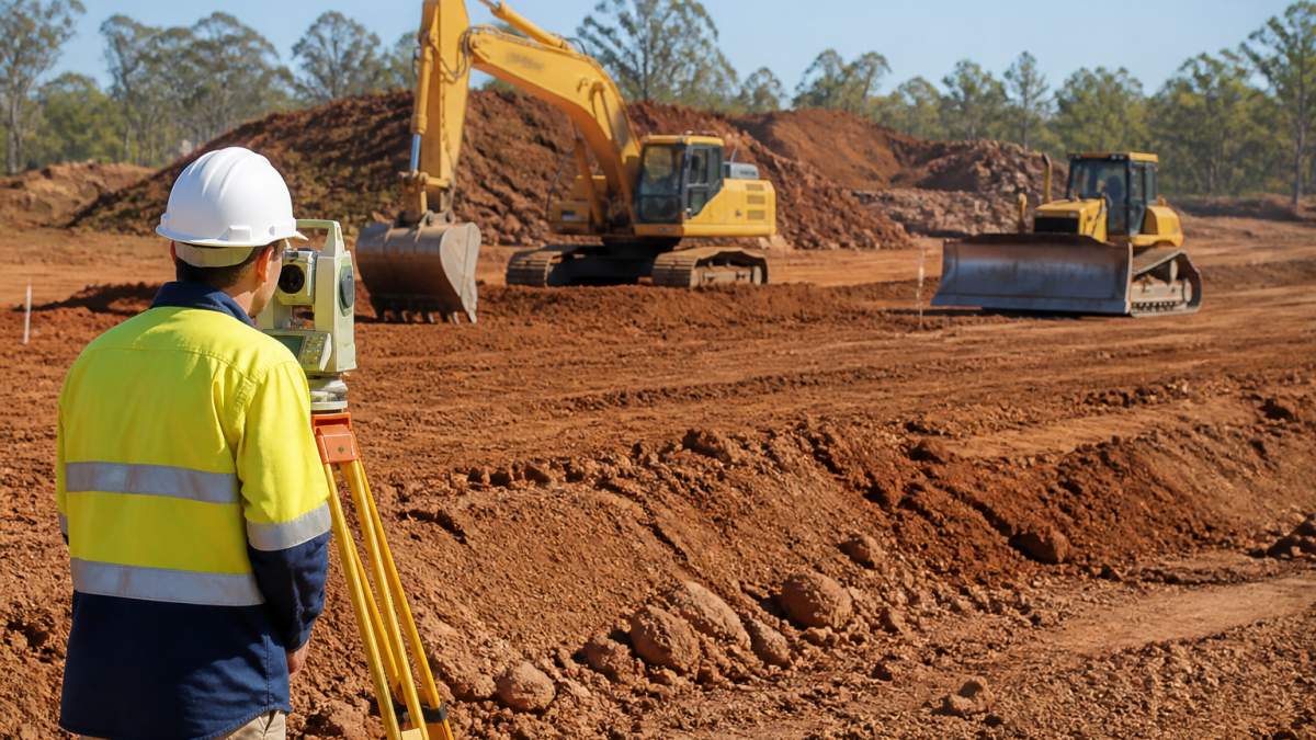 A civil construction site with an excavator and bulldozer working on a graded pad, surveyor with a total station in the foreground, red-brown soil and stockpiles in the background